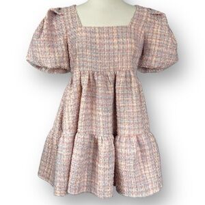 Hyacinth House by Tuckernuck Pink Tweed Nora Tiered Mini Dress with Puff Sleeves